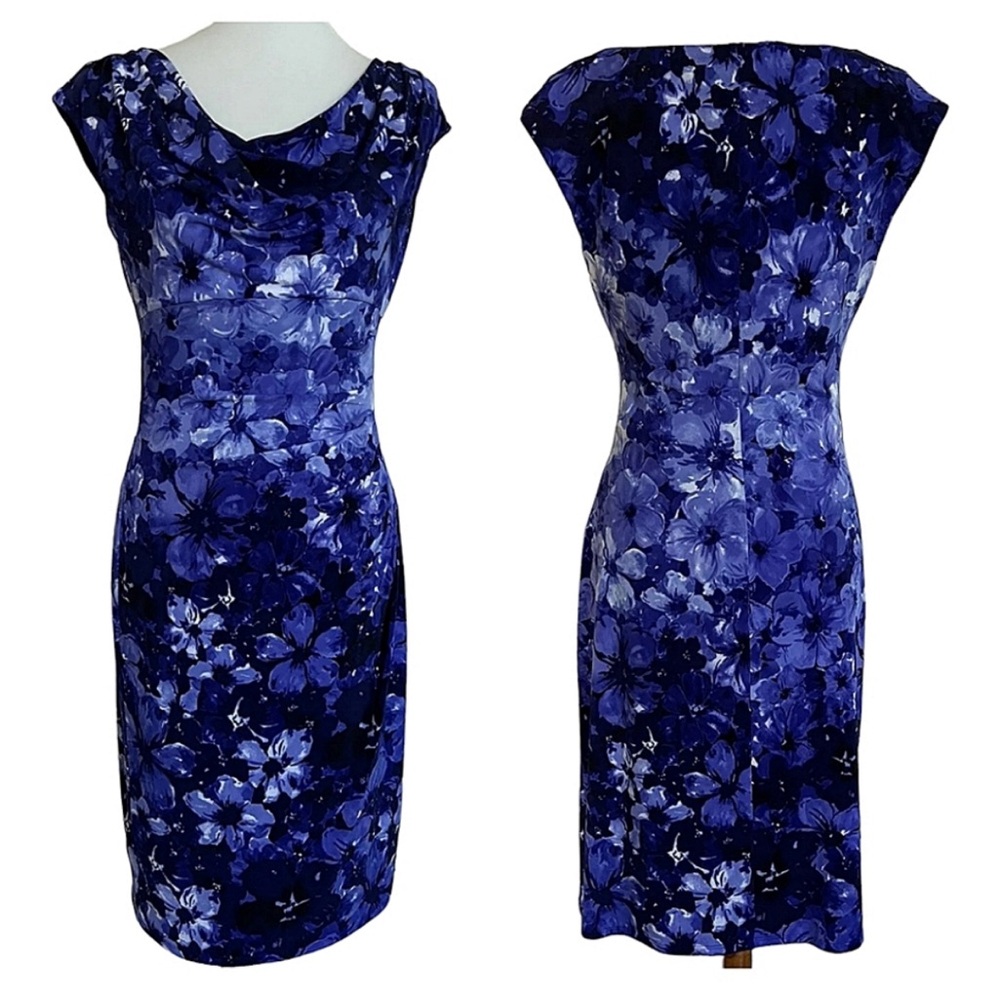 Ralph Lauren Blue Sheath Dress with Cowl Neck and Cap Sleeves